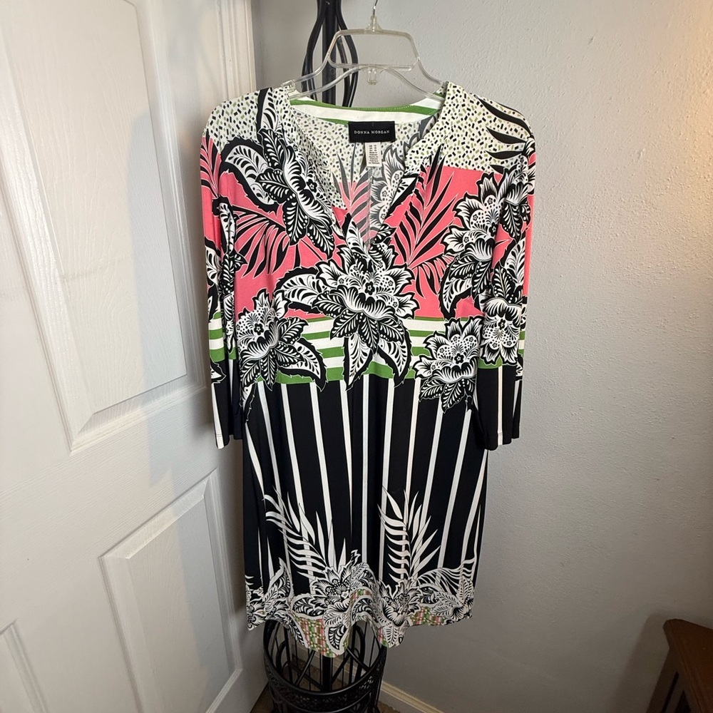 Donna Morgan Floral Print Midi Dress - Pink, Green, Black - Picture 2 of 9